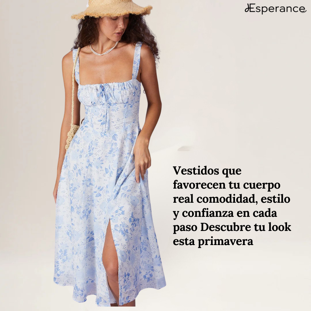Vestido midi fruncido con flores y cuello cuadrado