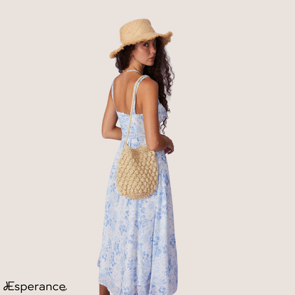 Vestido midi fruncido con flores y cuello cuadrado