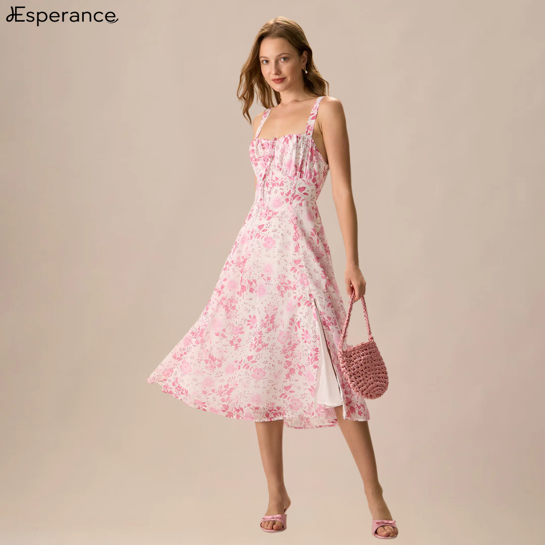 Vestido midi fruncido con flores y cuello cuadrado