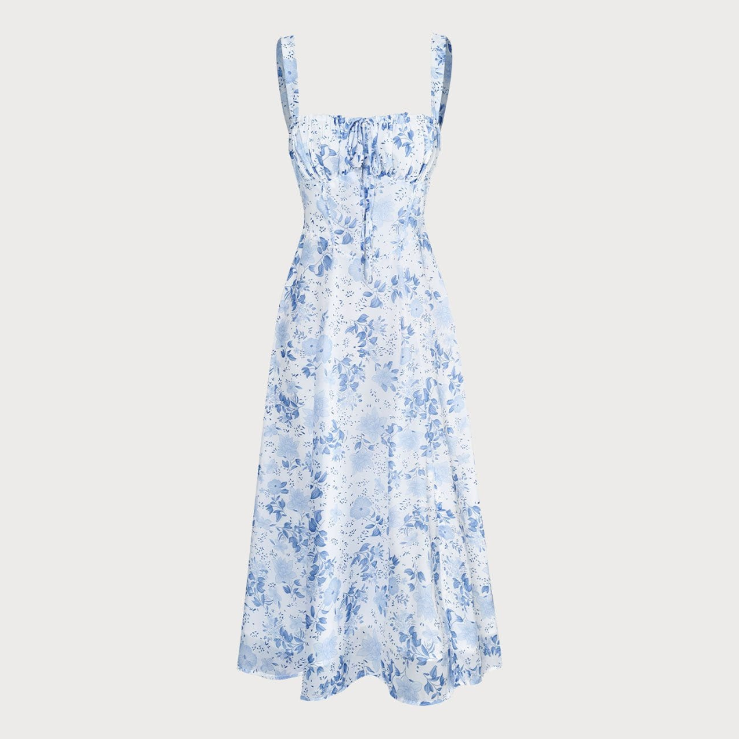 Vestido midi fruncido con flores y cuello cuadrado