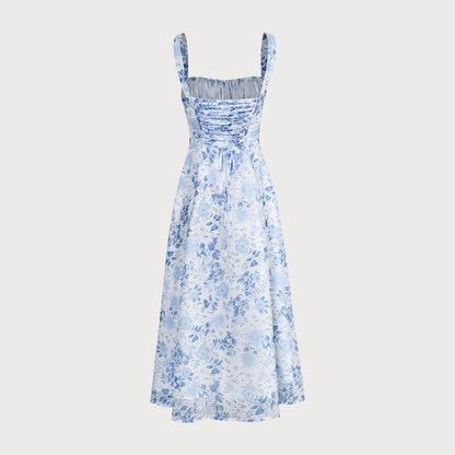 Vestido midi fruncido con flores y cuello cuadrado